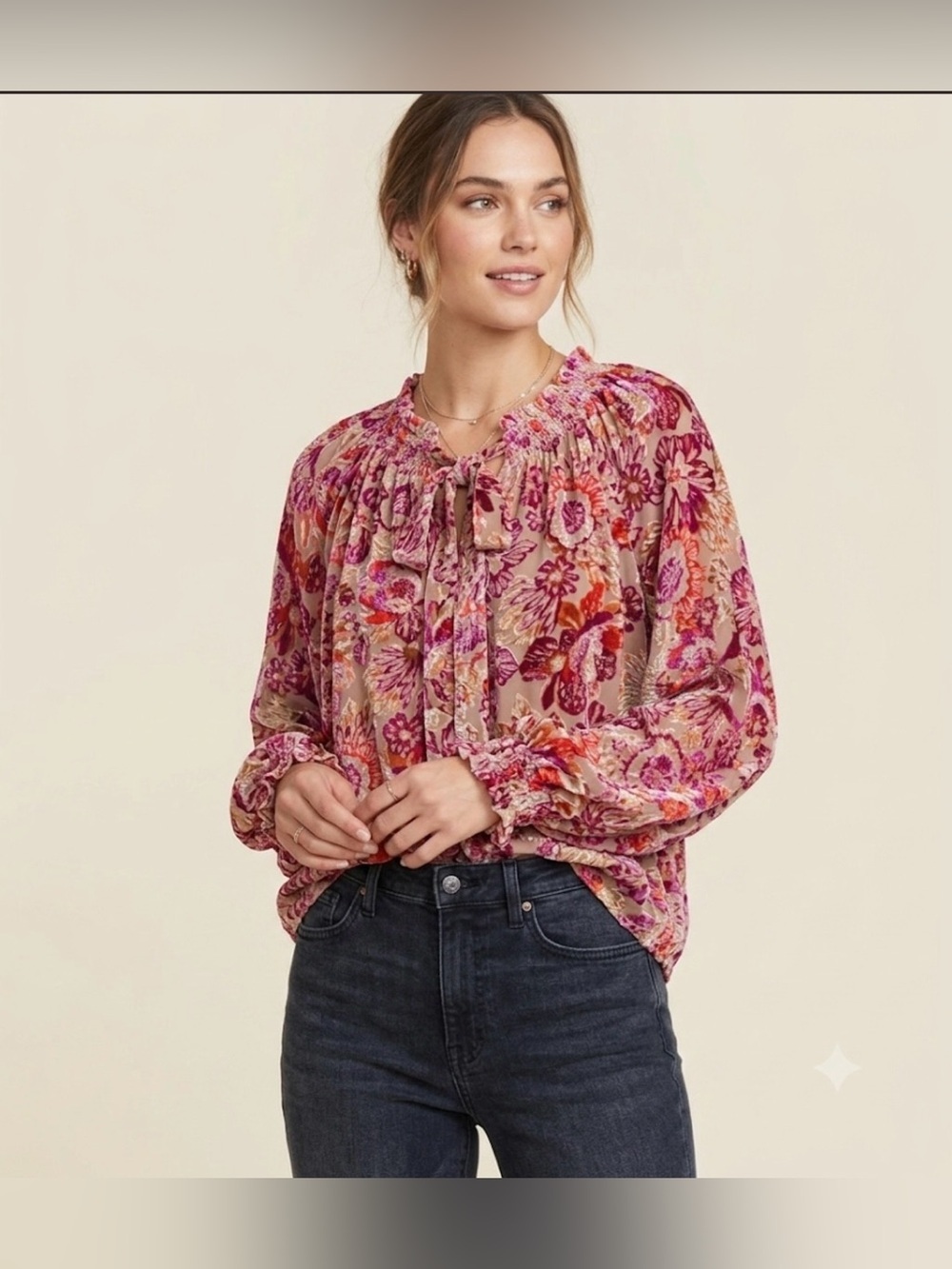 Hale Bob Silk Blend Burnout Velvet Blouse Pink Floral Boho Top Women’s L NWT - Picture 3 of 14